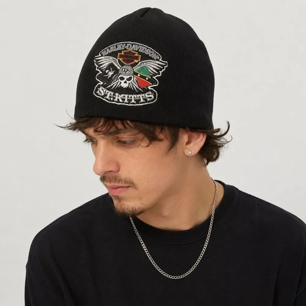 Harley Davidson St Kitts Skull Beanie Hat Black Y2K Biker OS